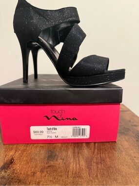 Touch of Nina Black Glitter Multi-Strap Stiletto Sandals